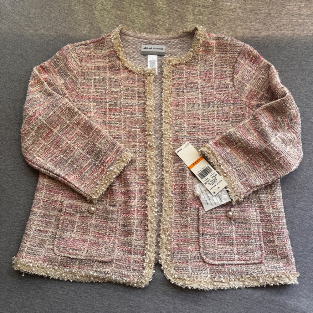 Alfred Dunner Magnolia Springs Tweed Cardigan Jacket Pink Multi Pearl Trim PS - Picture 6 of 10